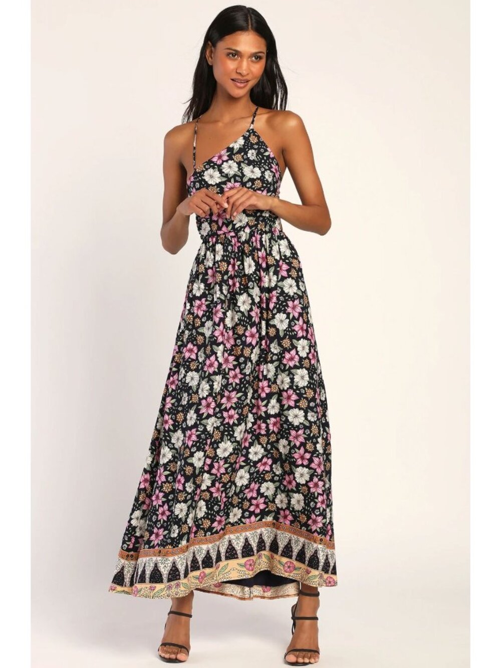 NWT Lulus Bohemian Bliss Black Floral Asymmetrical Backless Maxi Dress Small